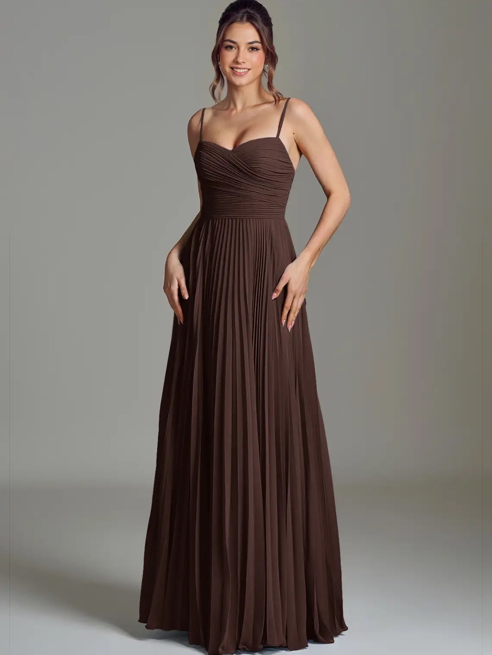 Brown Pleated Chiffon Spaghetti Strap Azazie Catie Bridesmaid Formal Dress